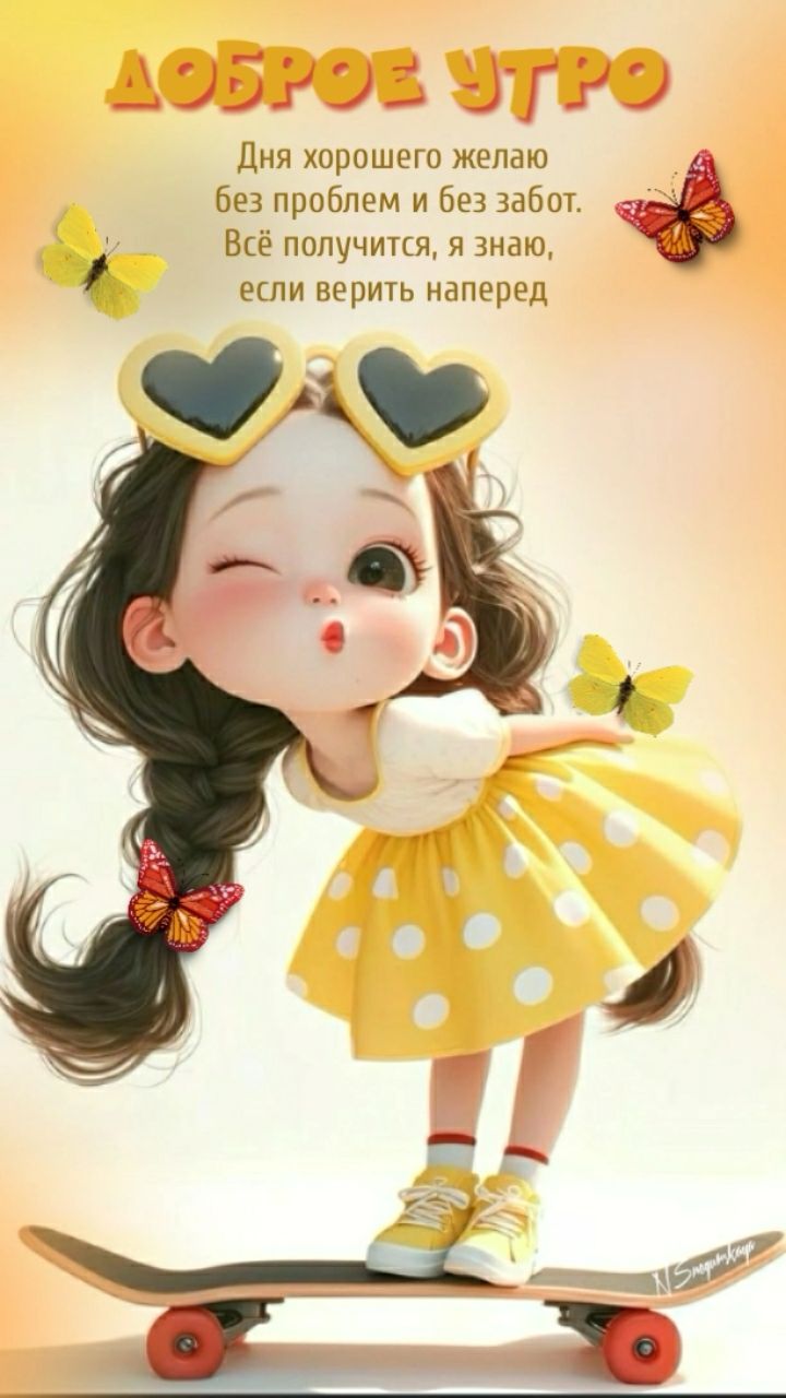 Открытка «Пожелание»: Доброе утро с милой девушкой и пожеланием дня. Тэги: улыбка, утро, девушка, красивая, позитив…