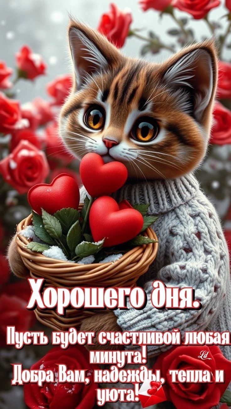 Открытка «Хорошего дня»: Милый кот желает хорошего дня, любви и тепла. Тэги: кот, пожелание, красивая, позитив…