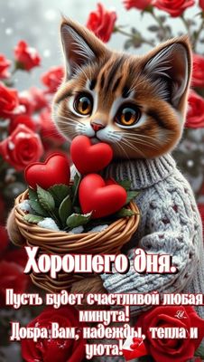 Открытка «Хорошего дня»: Милый кот желает хорошего дня, любви и тепла. Тэги: кот, пожелание, красивая, позитив…