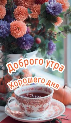 Открытка «Пожелание»: Красивая открытка: Доброго утра, хорошего дня. Тэги: утро, красивая, кофе, позитив, цветок…