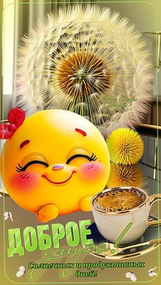 Открытка «Пожелание»: Доброе утро! Позитив, кофе и милый одуванчик. Тэги: улыбка, утро, красивая, кофе, позитив…