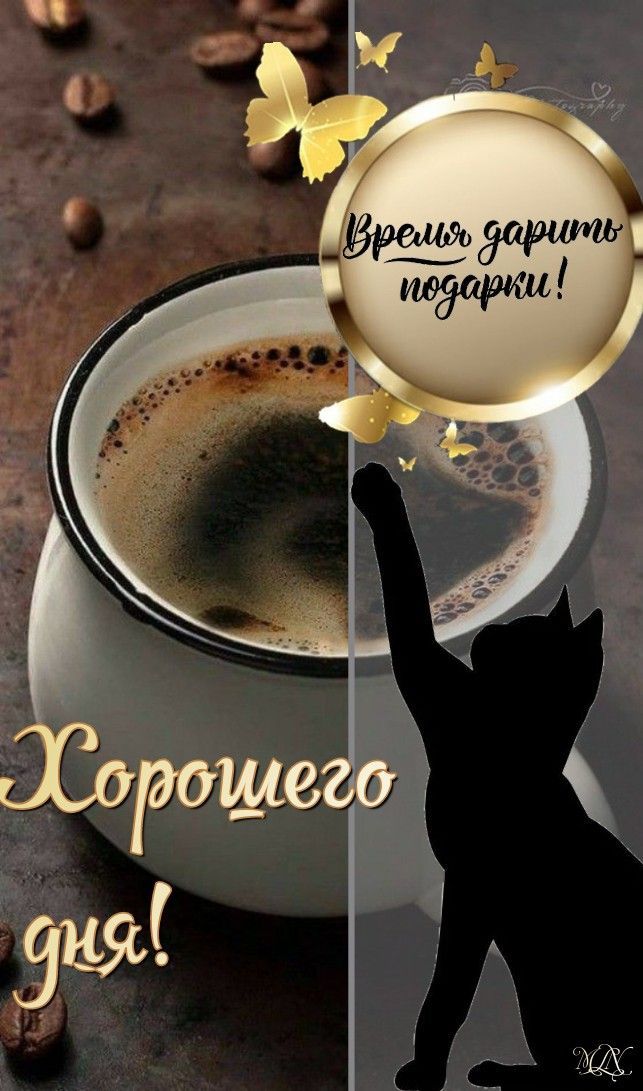 Открытка «Хорошего дня»: Милый кот с чашкой кофе: пожелание хорошего дня и удачи. Тэги: кот, пожелание, утро, кофе…