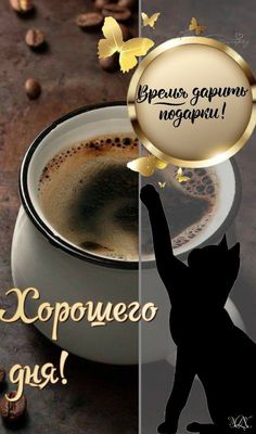 Открытка «Хорошего дня»: Милый кот с чашкой кофе: пожелание хорошего дня и удачи. Тэги: кот, пожелание, утро, кофе…