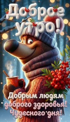 Открытка «Пожелание»: Доброе Утро с медведем! Здоровья и чудесного дня!. Тэги: шапка, утро, кофе, позитив, радость…