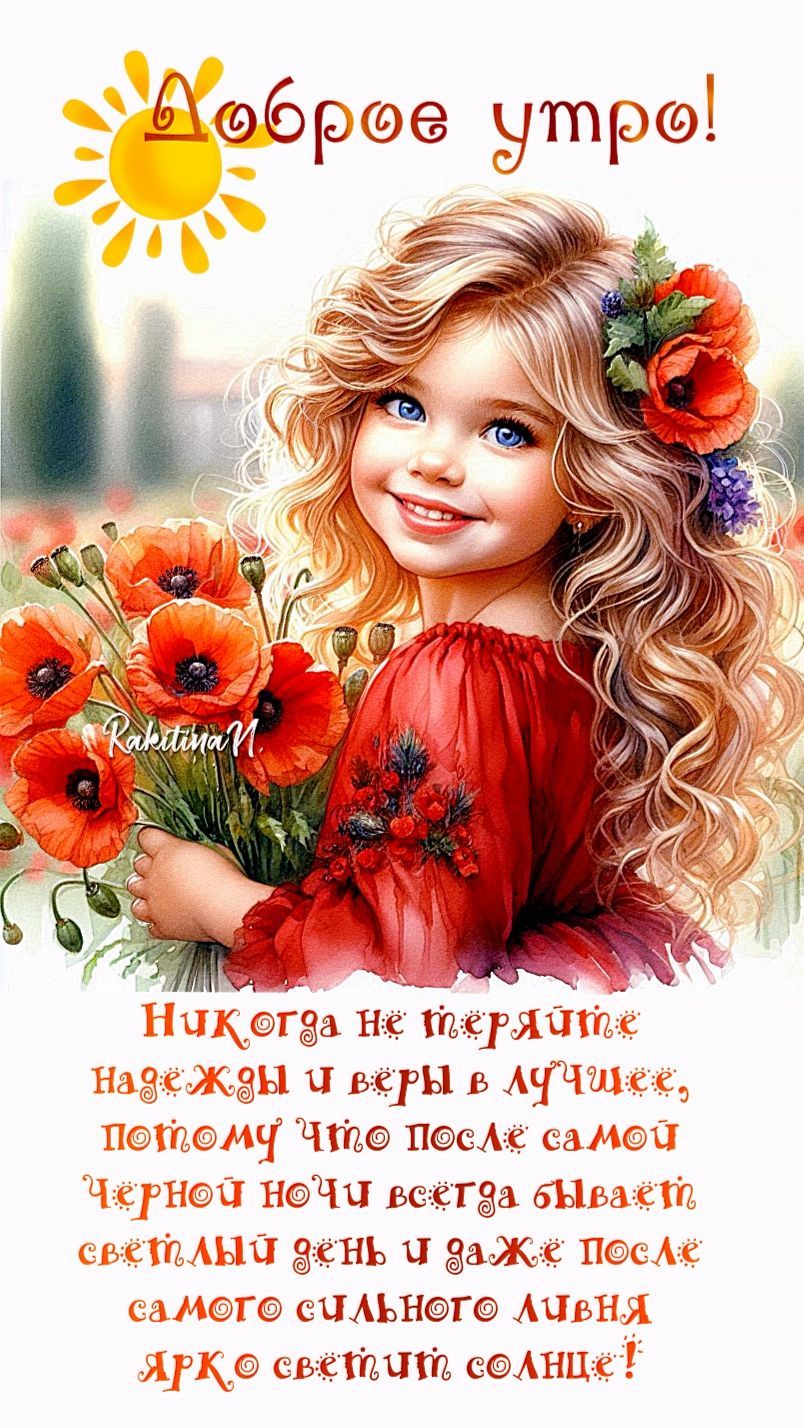Открытка «Пожелание»: Доброе утро: девочка, цветы и светлое пожелание. Тэги: улыбка, красивая, позитив, радость…