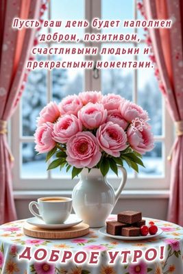 Открытка «Пожелание»: Доброе утро: пожелание добра и позитива. Тэги: утро, красивая, кофе, позитив, радость, цветок…