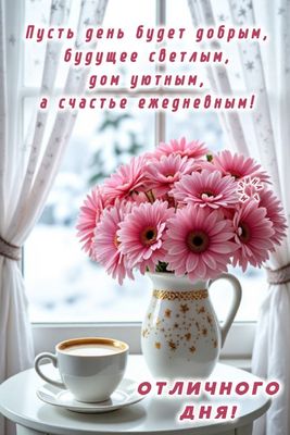 Открытка «Пожелание»: Поздравление с отличным днем: цветы, кофе и уют. Тэги: утро, кофе, позитив, радость, цветок…