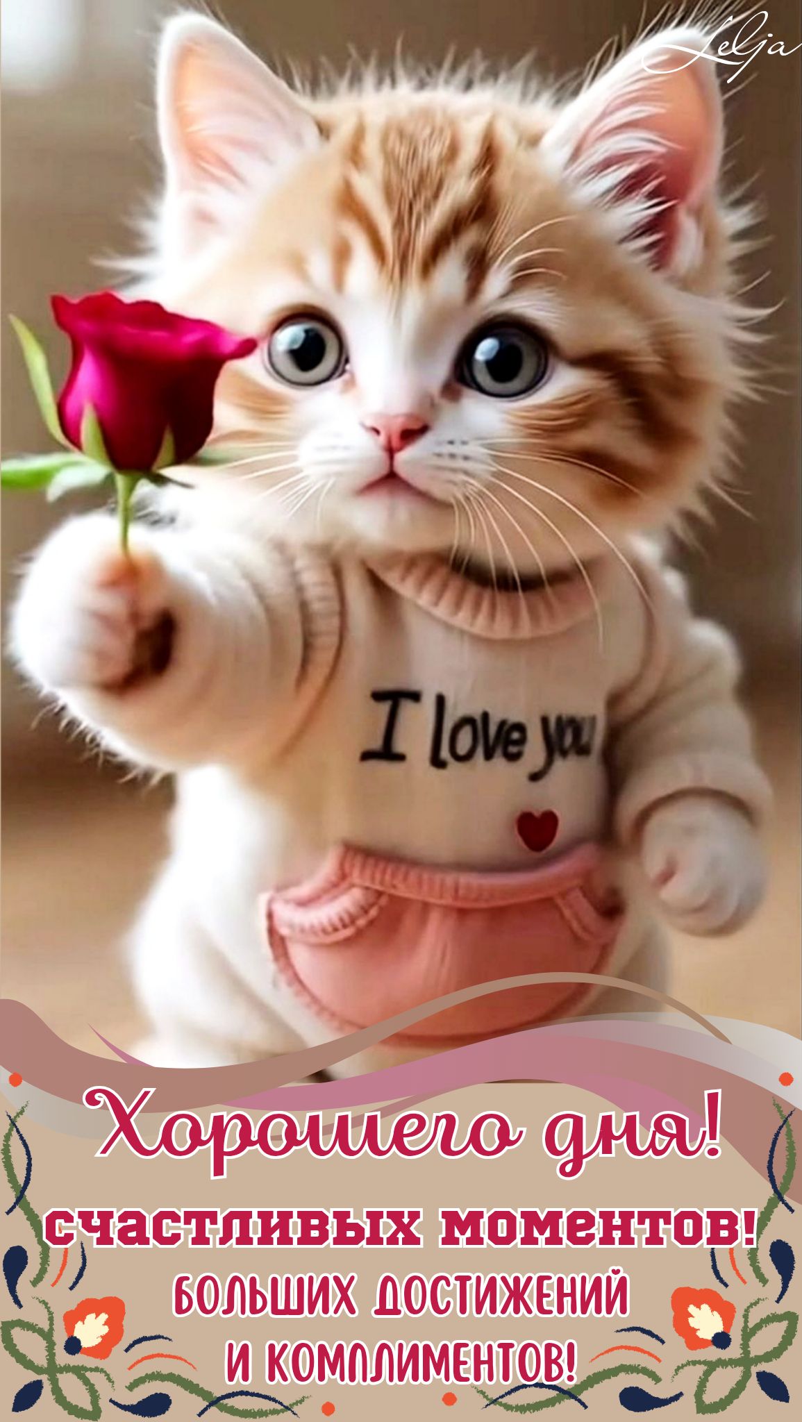 Открытка «Хорошего дня»: Красивая открытка котенок роза: Хорошего дня и любви. Тэги: Добрый день, пожелание, радость…