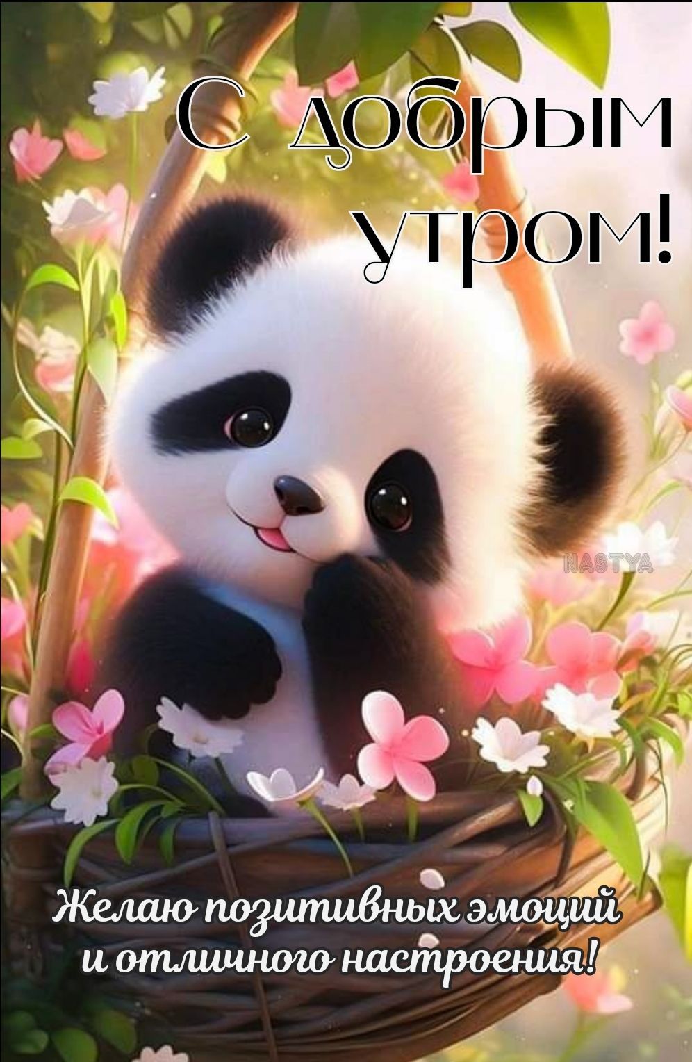 Открытка «С добрым утром»: Милая открытка С добрым утром — панда и розовые цветы. Тэги: С добрым весенним утром…