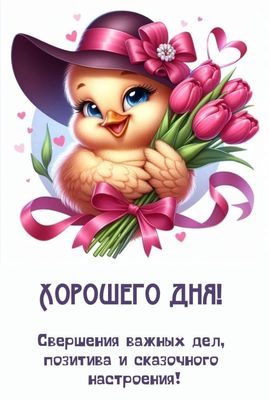 Открытка «Животное»: Открытка доброго дня милый птенец тюльпаны позитив настроение. Тэги: красивая, позитив, добрый д…