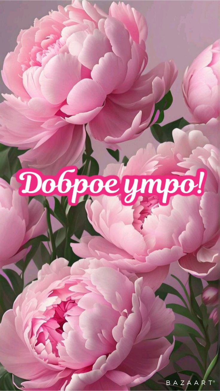 Открытка «Утро»: Поздравительная открытка с розовыми пионами и добрым утром. Тэги: женщина, радость, цветок, нежная…
