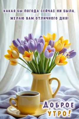 Открытка «С добрым утром»: Доброе утро, яркий букет тюльпанов и чашка кофе поздравление. Тэги: С добрым весенним утром…