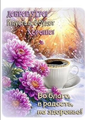 Открытка «С добрым утром»: Доброе утро: с чашкой горячего кофе и яркими цветами. Тэги: С добрым зимним утром, С добры…