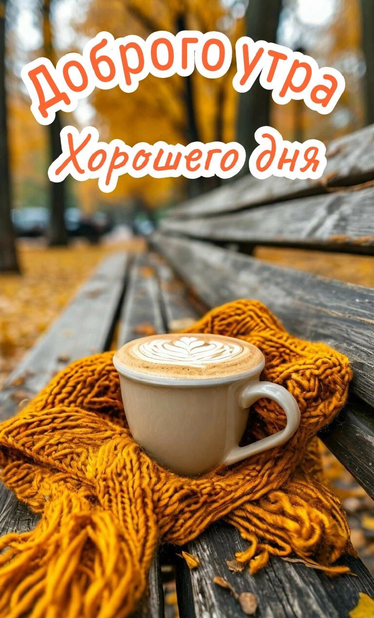 Открытка «С добрым утром»: Красивое доброе утро: вкусный кофе и уютный шарф. Тэги: шарф, кофе, позитив, чай, осень…