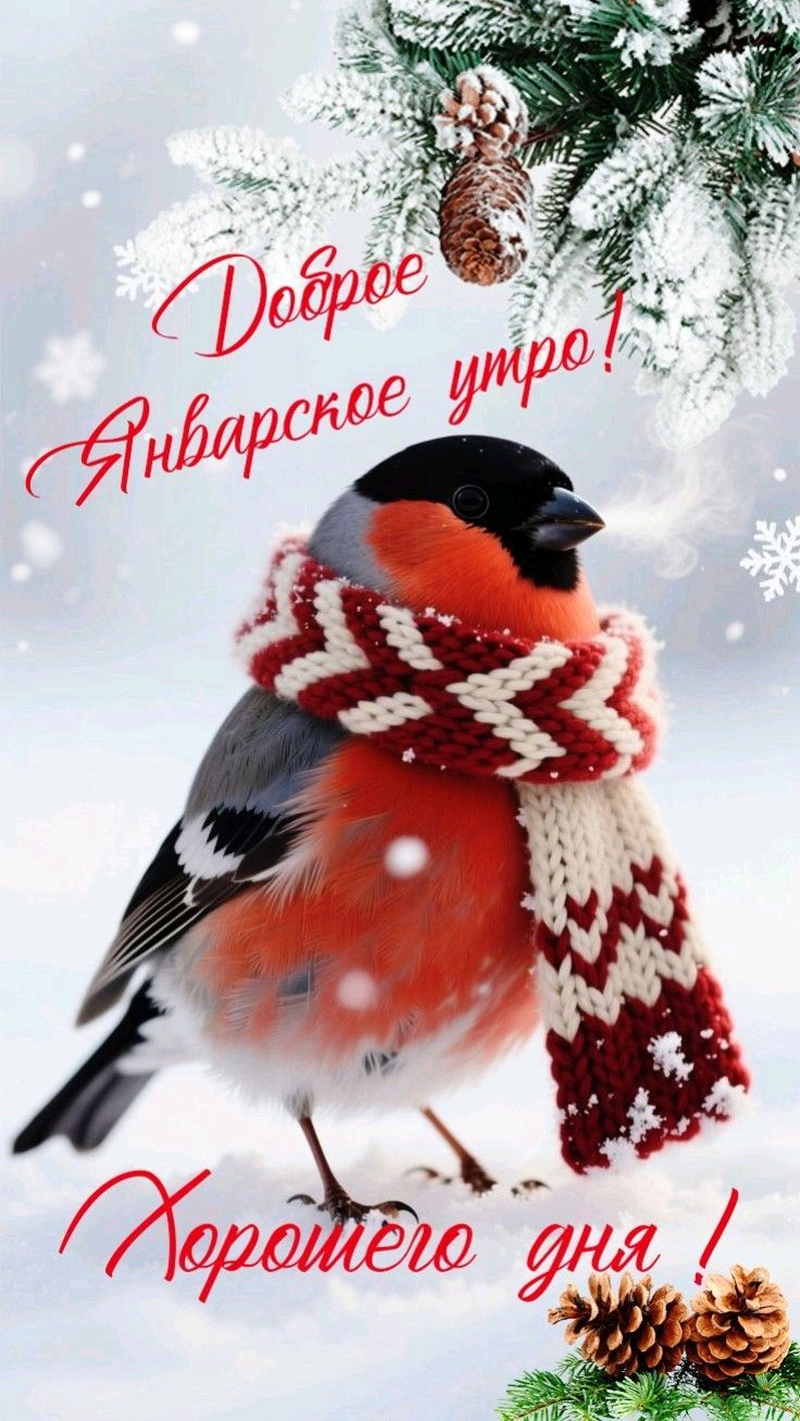 Открытка «С добрым утром»: Январское утро: милый снегирь желает хорошего дня. Тэги: животное, пожелание, шарф, утро…