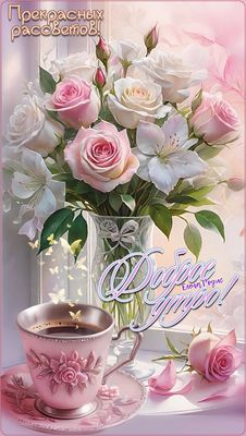 Открытка «Пожелание»: Доброе утро! Нежный букет роз и чашечка кофе. Тэги: утро, женщина, красивая, кофе, позитив…
