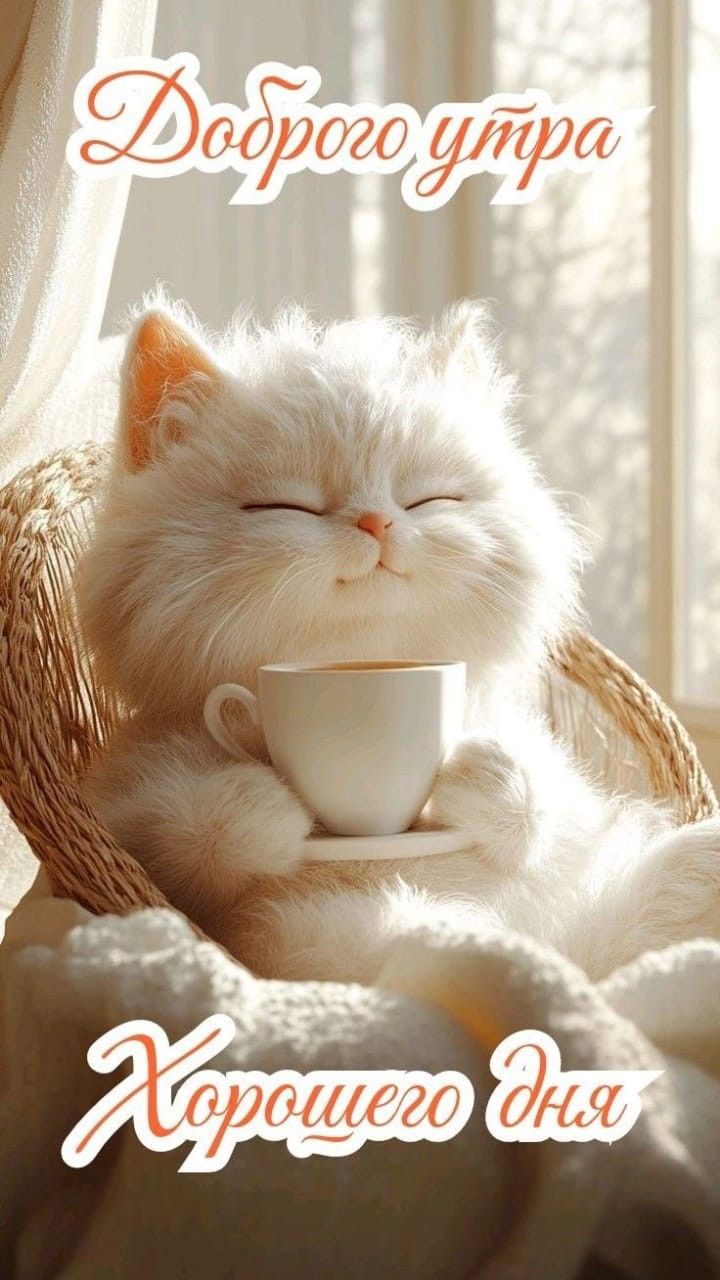 Открытка «Кот»: Доброе утро и хорошего дня с милым котиком. Тэги: животное, пожелание, улыбка, красивая, кофе, позитив…