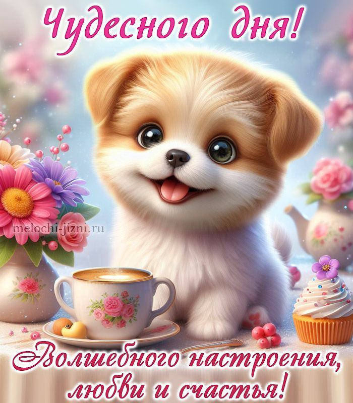 Открытка «Животное»: Чудесного дня! Милый щенок, кофе и счастье. Тэги: пожелание, улыбка, красивая, кофе, позитив…