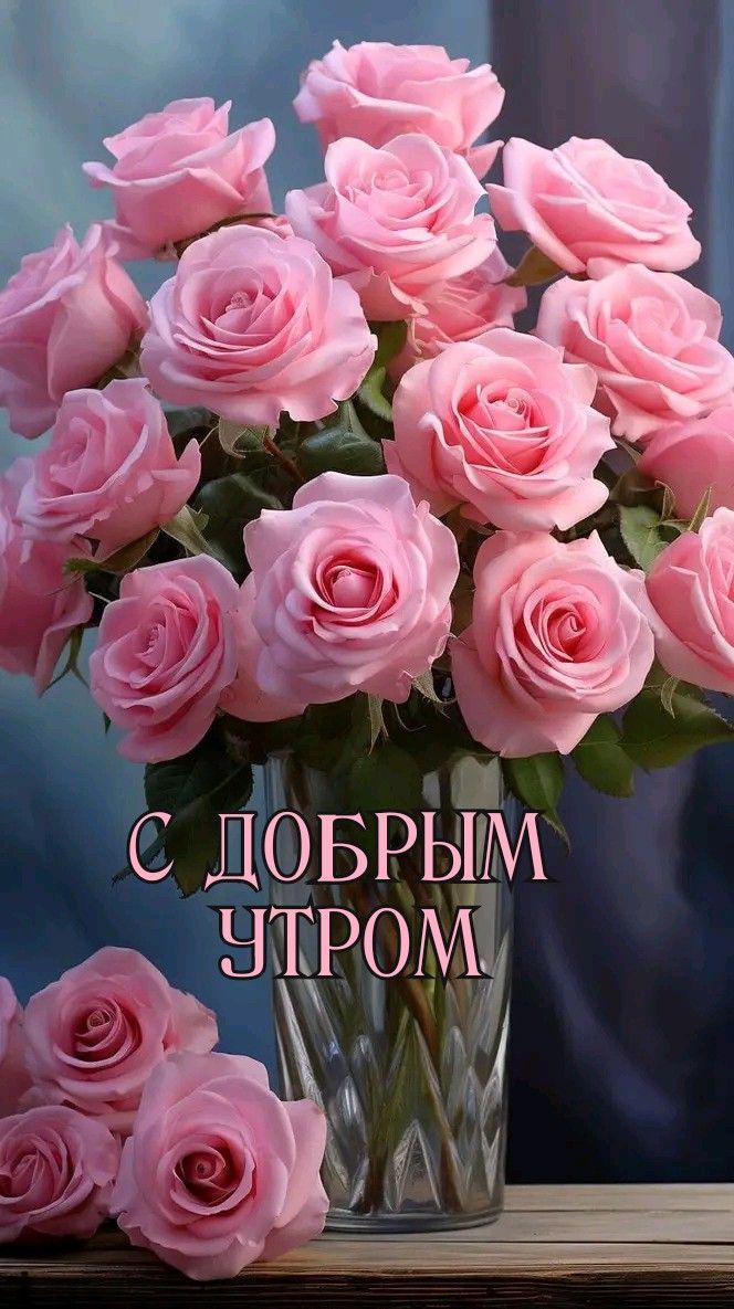 Открытка «С добрым утром»: С добрым утром: нежные розовые розы. Тэги: пожелание, улыбка, утро, красивая, позитив…