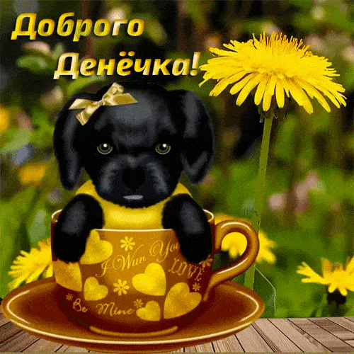 Открытка «Животное»: Милый щенок желает доброго денёчка! Позитив и любовь. Тэги: пожелание, красивая, кофе, позитив…