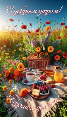Открытка «С добрым утром»: С добрым утром: летний завтрак, цветы и позитив. Тэги: улыбка, утро, красивая, позитив…