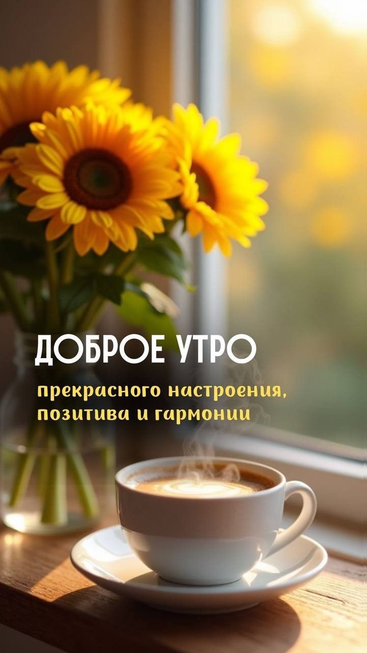Открытка «С добрым утром»: Доброе утро: кофе, подсолнухи и позитив!. Тэги: пожелание, утро, красивая, кофе, позитив…