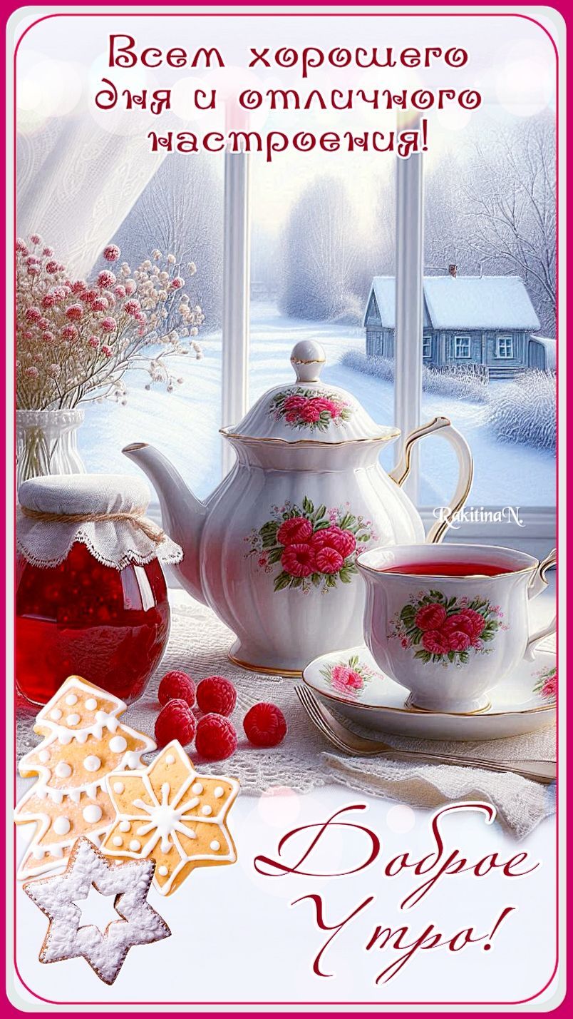Открытка «Пожелание»: Доброе утро! Хорошего дня и отличного настроения. Тэги: утро, позитив, радость, печенье, окно…