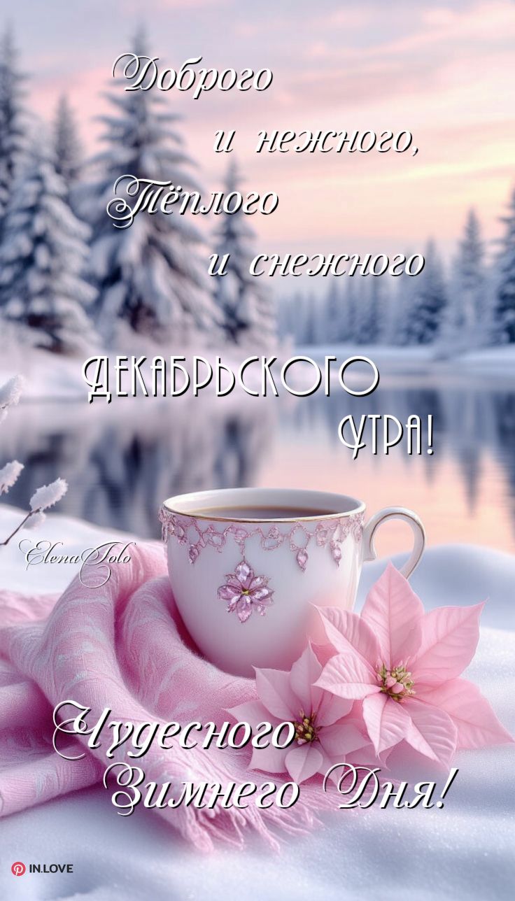 Открытка «С добрым утром»: Доброго декабрьского утра! Нежный зимний день. Тэги: пожелание, шарф, утро, кофе, позитив…