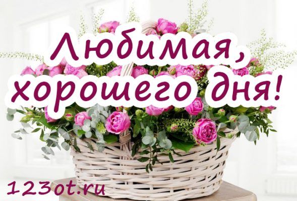 Открытка «Пожелание»: Любимой, хорошего дня! Красивый букет роз. Тэги: улыбка, женщина, красивая, позитив, радость…