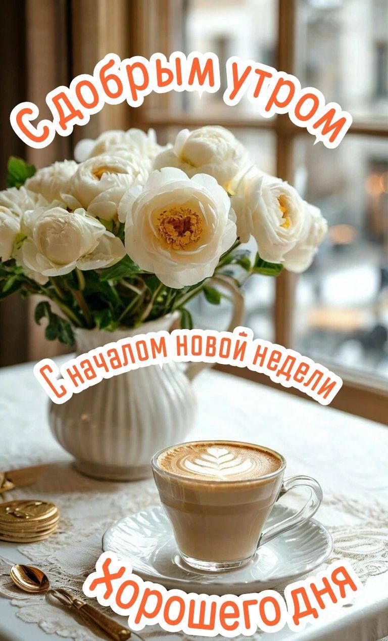 Открытка «С добрым утром»: С добрым утром и началом новой недели! Хорошего дня. Тэги: пожелание, утро, красивая, кофе…