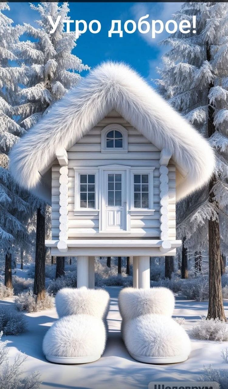 Открытка «С добрым утром»: Утро доброе! Уютный зимний домик и тапочки. Тэги: пожелание, утро, красивая, позитив, домик…