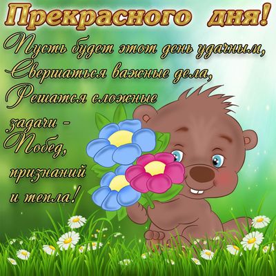Открытка «Животное»: Прекрасного дня! Милое пожелание с медвежонком. Тэги: пожелание, улыбка, красивая, позитив…