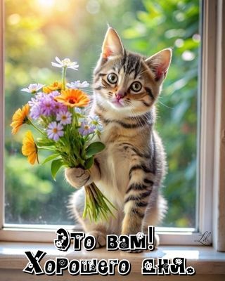 Открытка «Кот»: Хорошего дня! Милый кот с цветами и позитивом. Тэги: животное, пожелание, улыбка, красивая, позитив…