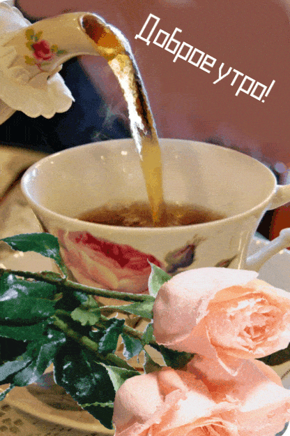 Открытка «Пожелание»: Доброе утро с чаем и нежными розами для позитива. Тэги: улыбка, утро, красивая, позитив, радость…