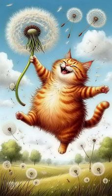 Открытка «С добрым утром»: Весеннее утро: кот, радость и одуванчик. Тэги: кот, животное, прикольная, улыбка, красивая…