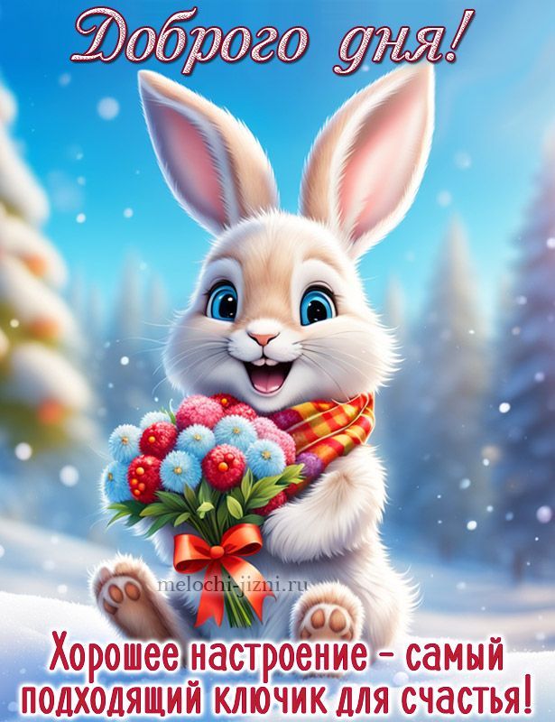 Открытка «Животное»: Доброго дня! Милый зайчик с букетом для настроения. Тэги: пожелание, улыбка, шарф, красивая…