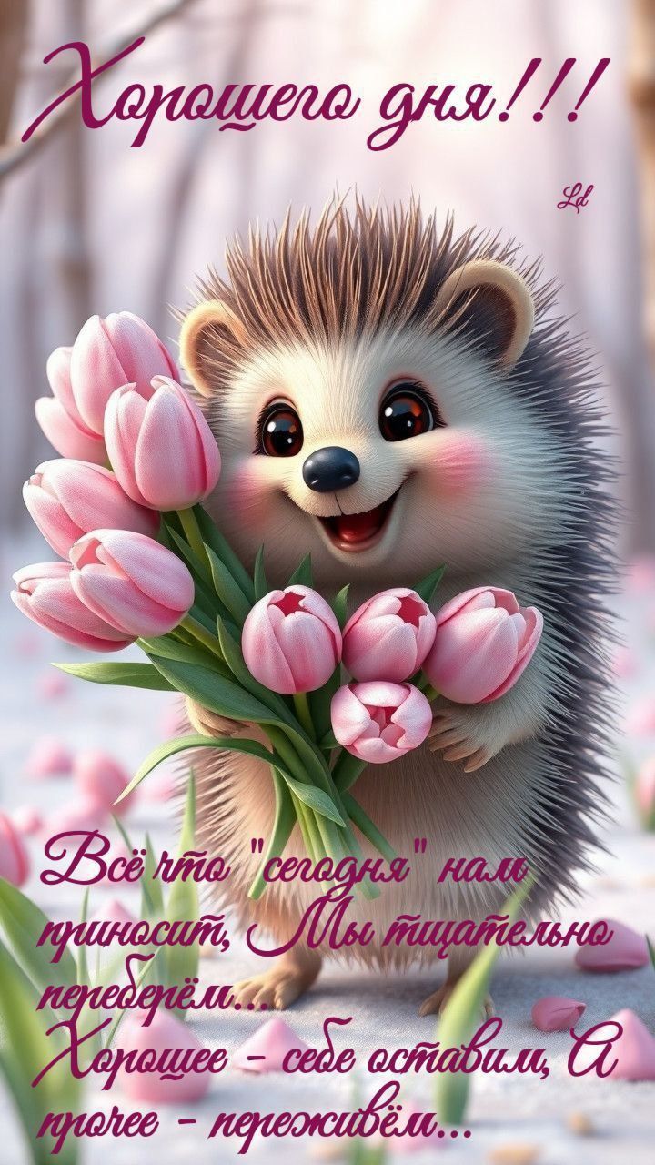 Открытка «Животное»: Хорошего дня! Милый ёжик с тюльпанами и улыбка. Тэги: пожелание, улыбка, красивая, позитив…
