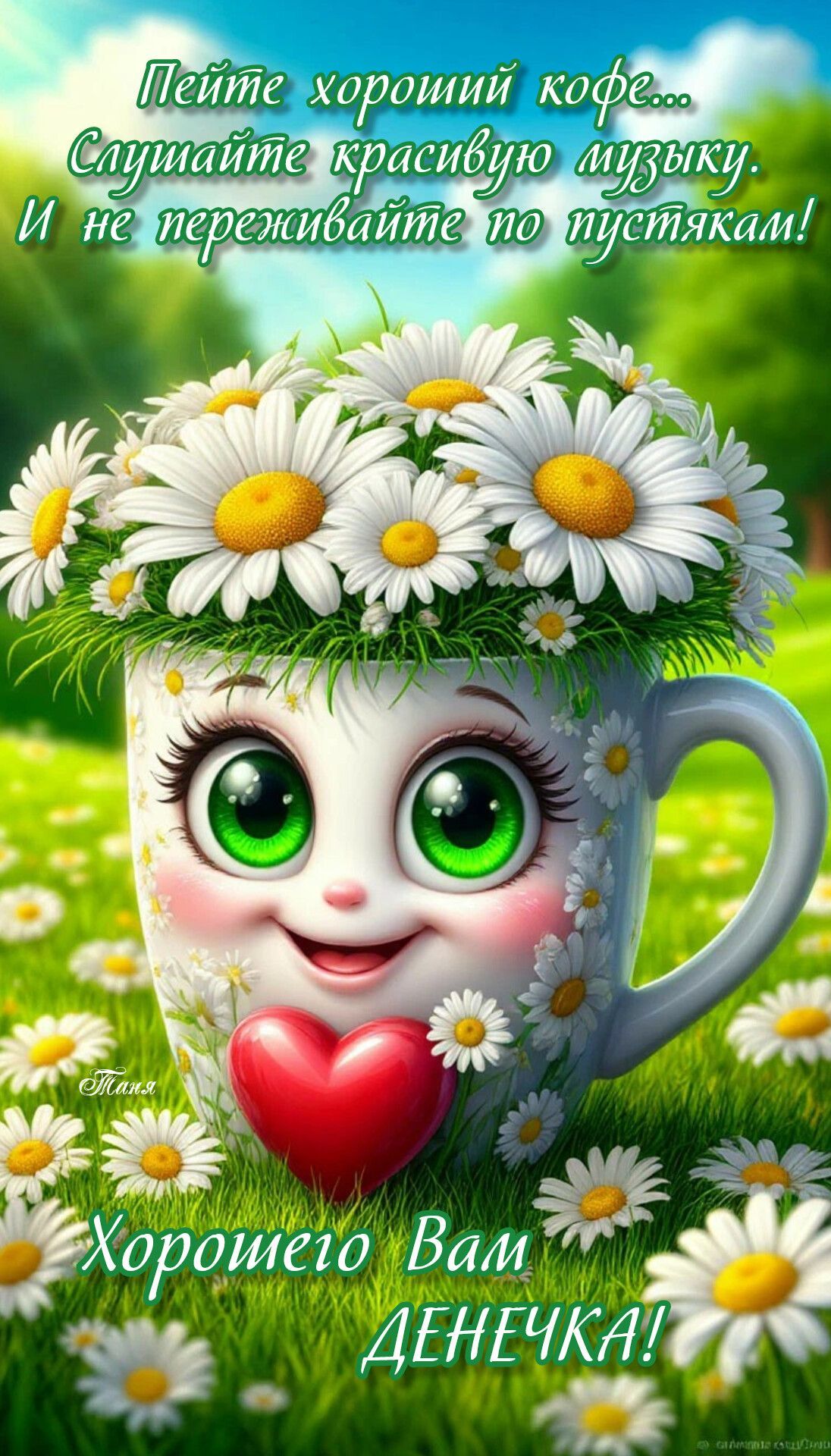 Открытка «Пожелание»: Хорошего денечка! Позитив с кофе, ромашками и улыбкой. Тэги: улыбка, красивая, кофе, позитив…
