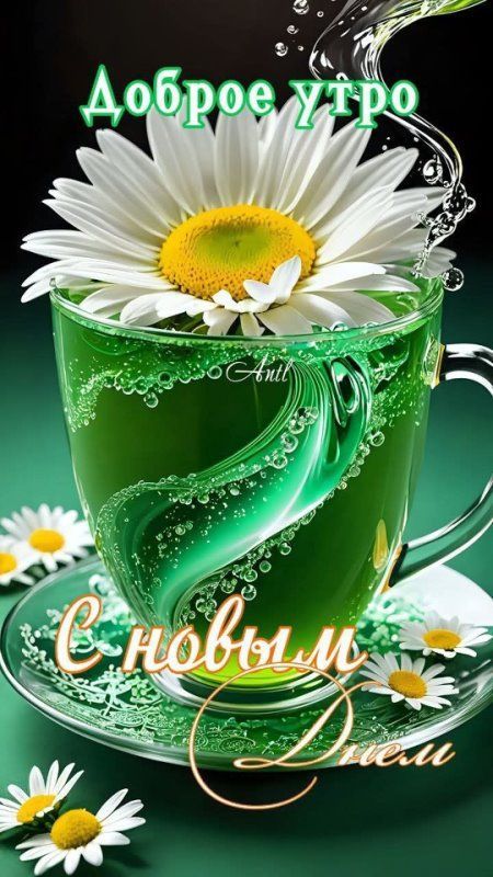 Открытка «С добрым утром»: Доброе утро: ромашка, чай и позитив. Тэги: пожелание, улыбка, утро, красивая, позитив…