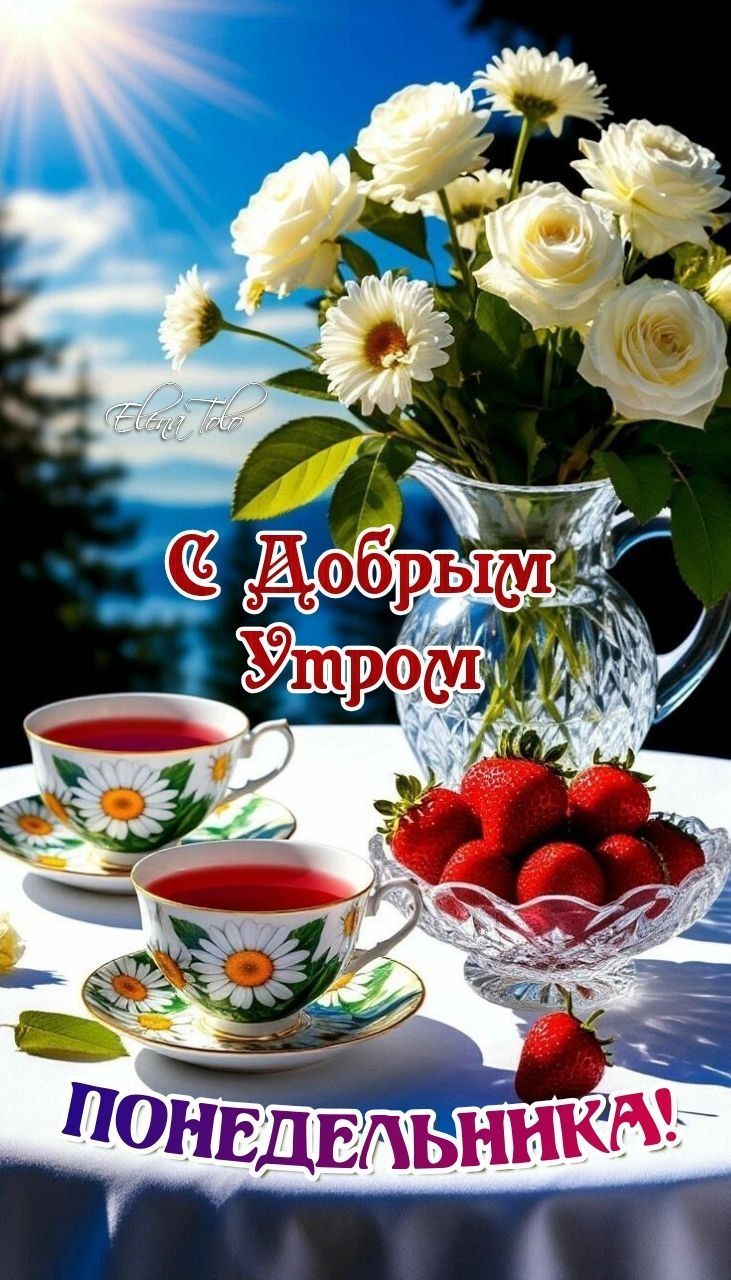 Открытка «С добрым утром»: С добрым утром понедельника! Цветы, чай, клубника. Тэги: пожелание, утро, красивая, позитив…