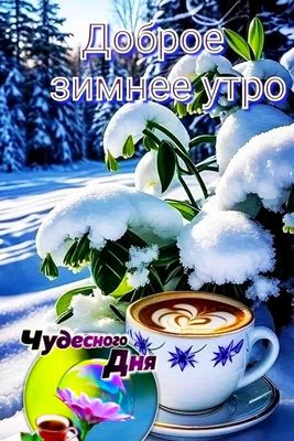 Открытка «С добрым утром»: Доброе зимнее утро и чудесный день с кофе. Тэги: пожелание, утро, красивая, кофе, позитив…