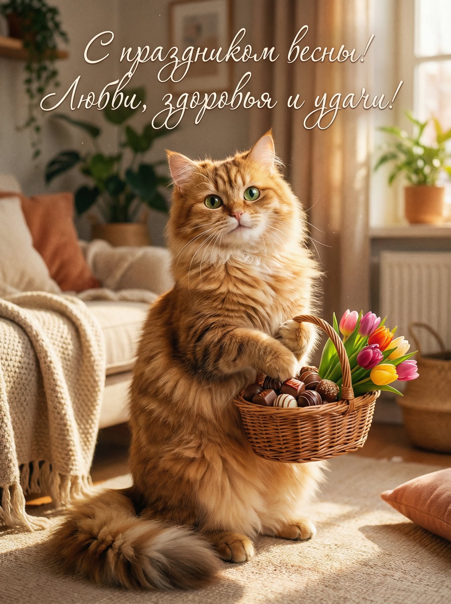 Открытка «Кот»: С праздником весны! Милый кот с тюльпанами. Тэги: животное, пожелание, красивая, позитив, добрый день…