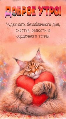Открытка «Кот»: Доброе утро: кот, сердце, счастье и тепло. Тэги: животное, пожелание, улыбка, утро, красивая, позитив…