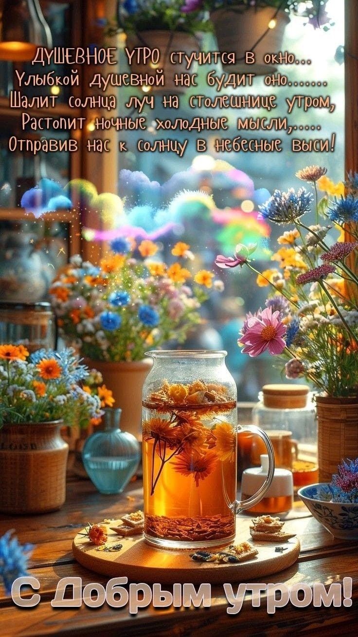Открытка «С добрым утром»: С добрым утром! Душевные пожелания и цветы. Тэги: пожелание, улыбка, утро, красивая…