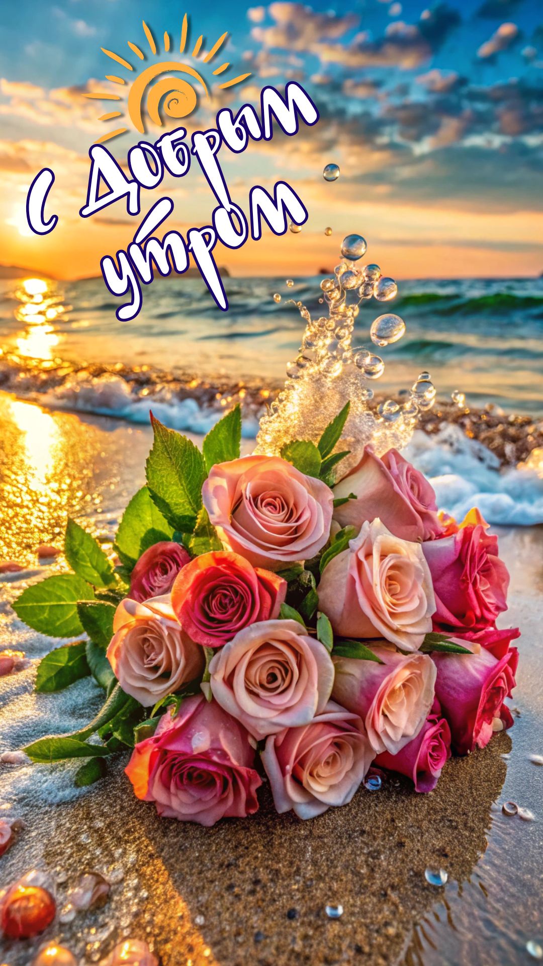 Открытка «С добрым утром»: Позитивное доброе утро: розы на берегу моря. Тэги: пожелание, утро, красивая, позитив…