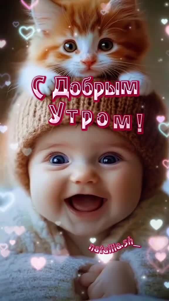 Открытка «С добрым утром»: С добрым утром: улыбка, счастье и пушистый кот. Тэги: кот, животное, улыбка, шапка, утро…