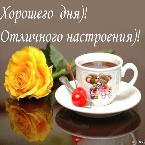 Открытка «Пожелание»: Хорошего дня! Позитив и настроение с розой. Тэги: улыбка, красивая, кофе, позитив, радость…