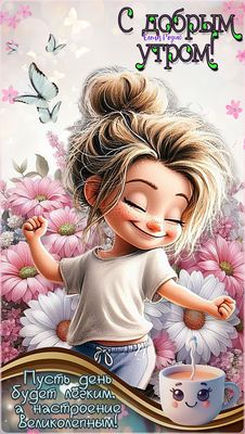 Открытка «С добрым утром»: С добрым утром! Открытка с улыбкой и позитивом. Тэги: пожелание, улыбка, утро, девушка…