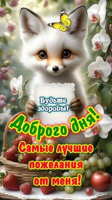 Открытка «Животное»: Доброго дня и будьте здоровы! Милая лисичка с пожеланиями. Тэги: пожелание, улыбка, позитив…