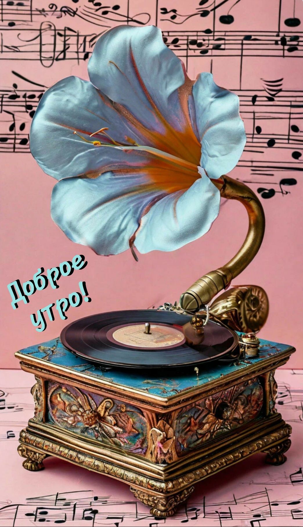 Открытка «С добрым утром»: Доброе утро! Ретро-граммофон с цветком. Тэги: пожелание, улыбка, утро, красивая, позитив…